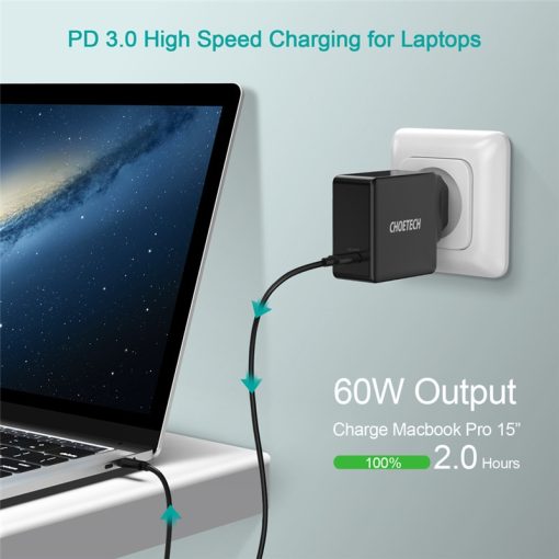 60W PD USB-C QC 3.0 Wall Charger For MacBooks, iPad, iPhone 12, Tablets, Nintendo Switch