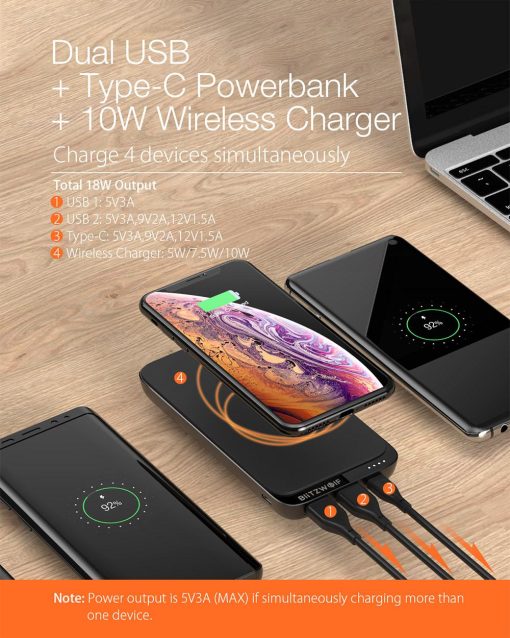 Wireless PD18W 10000mAh QC3.0 Power Bank with 4 Outputs