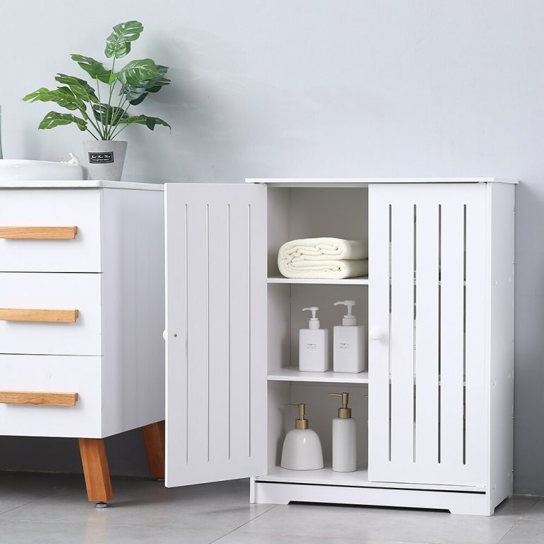 Bathroom Floor Storage Cabinet with Double Door Three-Layer Shelf, 24. ...