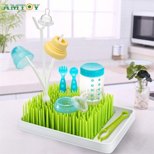 BPA Free Green Grass Style Countertop Baby Bottle Drying Rack With Water Tray