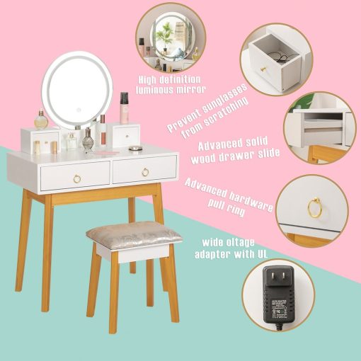 Nordic 4 Drawers Makeup Vanity Table With Lighted Mirror Chair Set