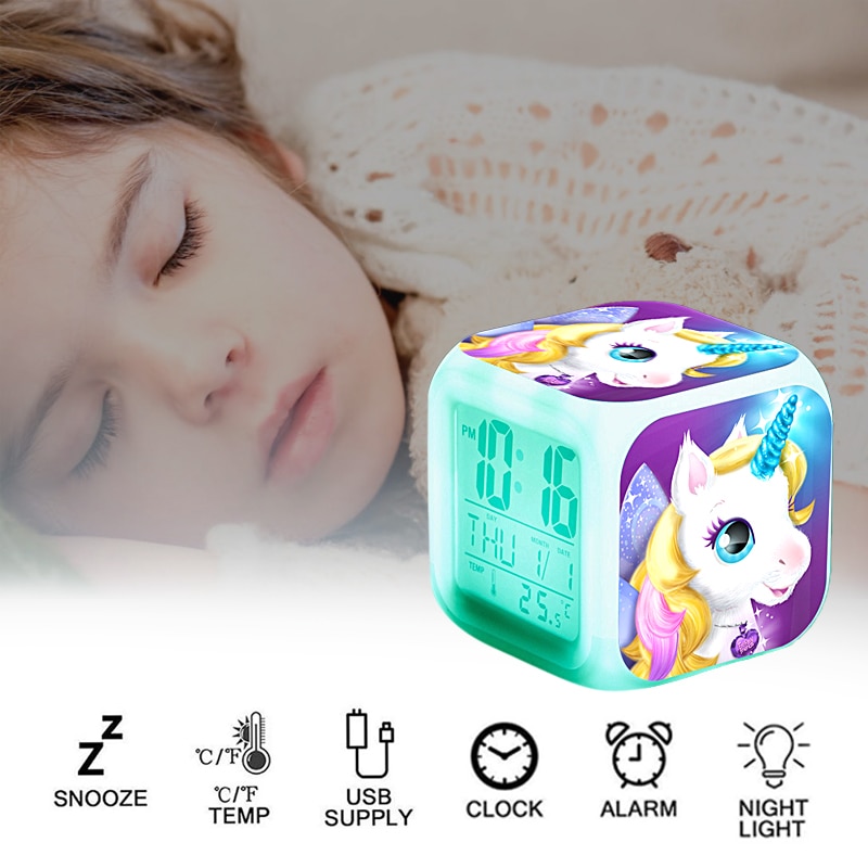 Glowing Unicorn Cube Alarm Clock LED Digital Clock 7 Color Changing Light Night