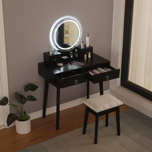 Nordic 4 Drawers Makeup Vanity Table With Lighted Mirror Chair Set