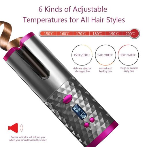 Portable Wireless Automatic Curling Iron Hair Curler USB Rechargeable for LCD Display Curly Machine with 1 Comb 2pc Clips
