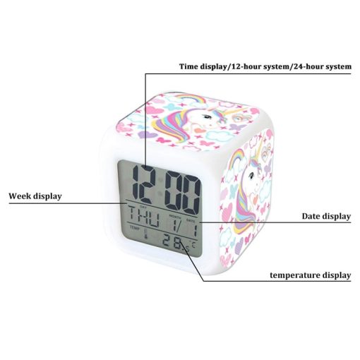 Glowing Unicorn Cube Alarm Clock LED Digital Clock 7 Color Changing Light Night
