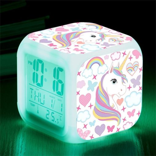 Glowing Unicorn Cube Alarm Clock LED Digital Clock 7 Color Changing Light Night