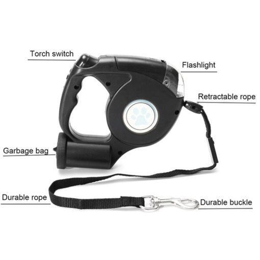 3in1 LED Retractable Dog Leash With Flashlight & Garbage Bag Holder
