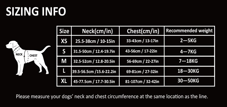 no pull dog harness size chart