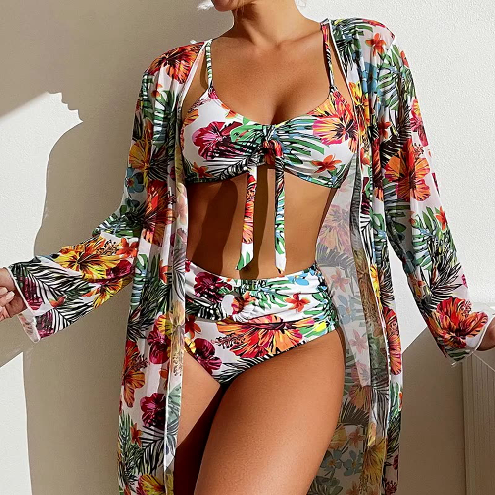 Sexy High Waisted Bikini Three Pieces Floral Printed Swimsuit Women Bikini Set With Mesh Long 0117